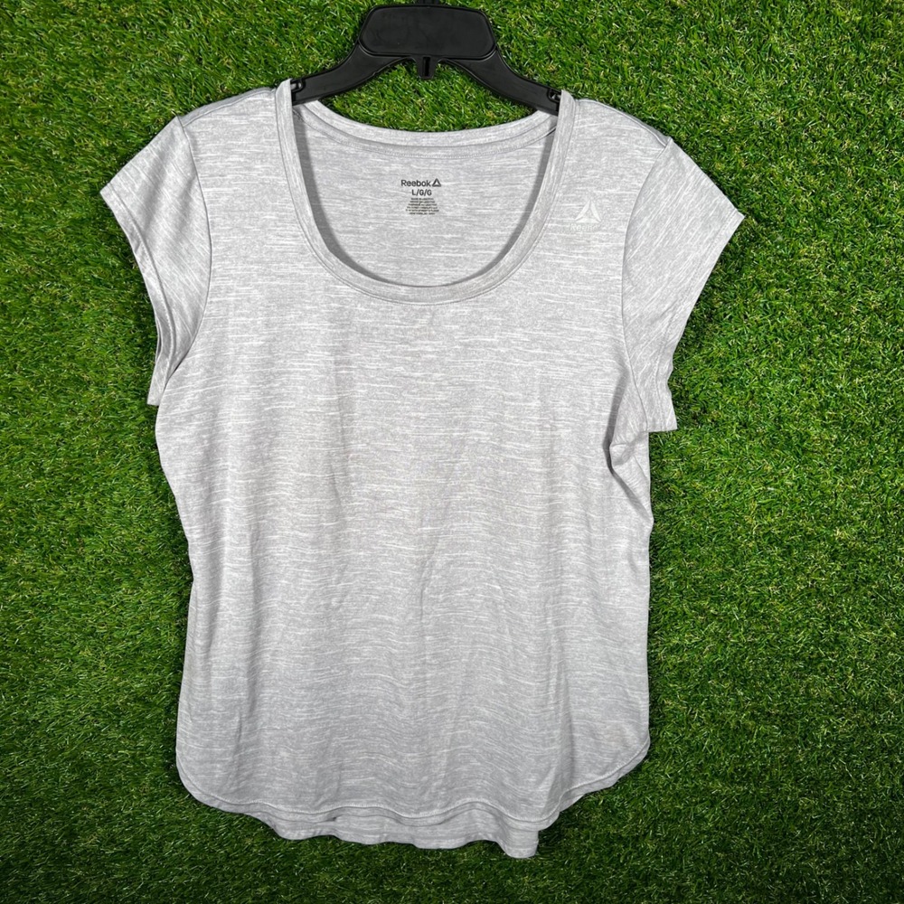 Reebok Womens Large Gray Space Dye Scoop Neck Activewear T-Shirt Curved Hem 1995